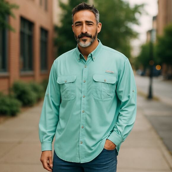 Columbia PFG Omni-Shade Men’s XXL Short Sleeve Vented Fishing Shirt Aqua UPF50 - Picture 1 of 10
